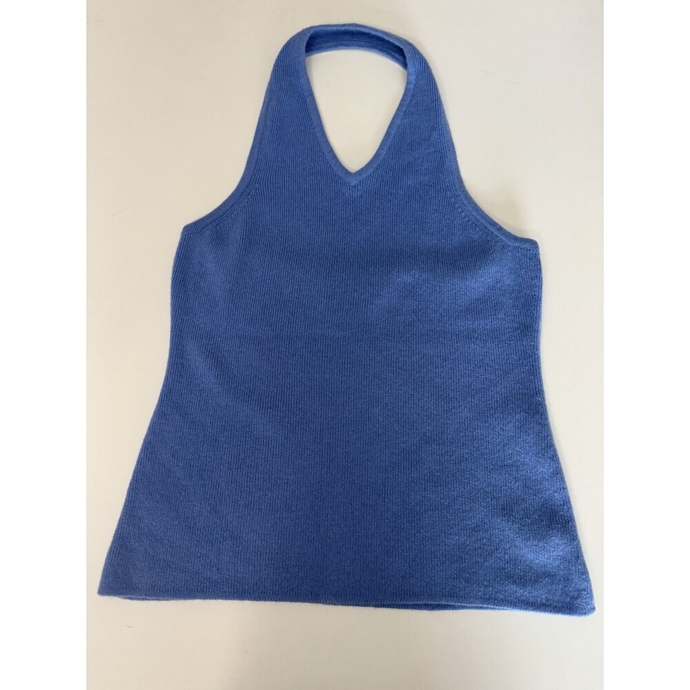 Saks Fifth Avenue Cashmere/Cotton Womens Medium Blue Knit Halter Top Sleeveless